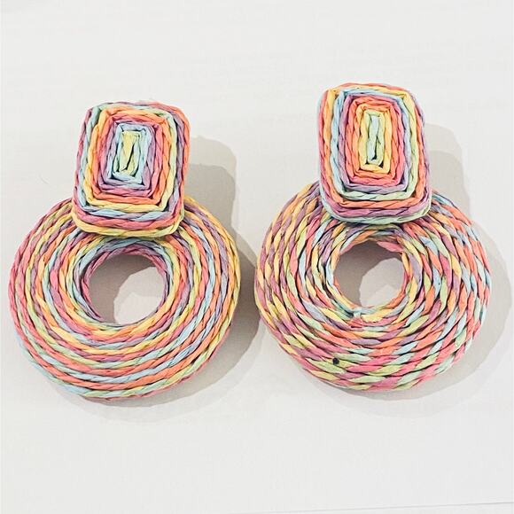 Multicolored Raffia Circle Drop Earrings - Picture 1 of 1